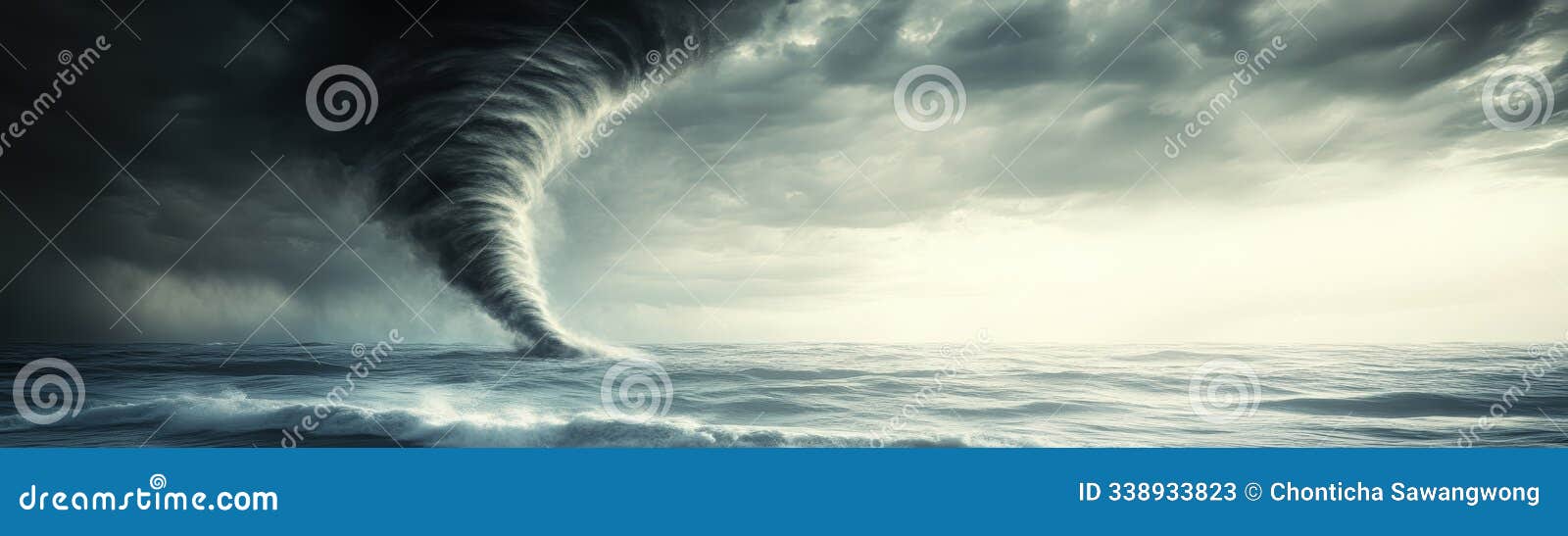 a powerful tornado forms over the ocean, creating dramatic waves and dark clouds, showcasing nature's fierce beauty and