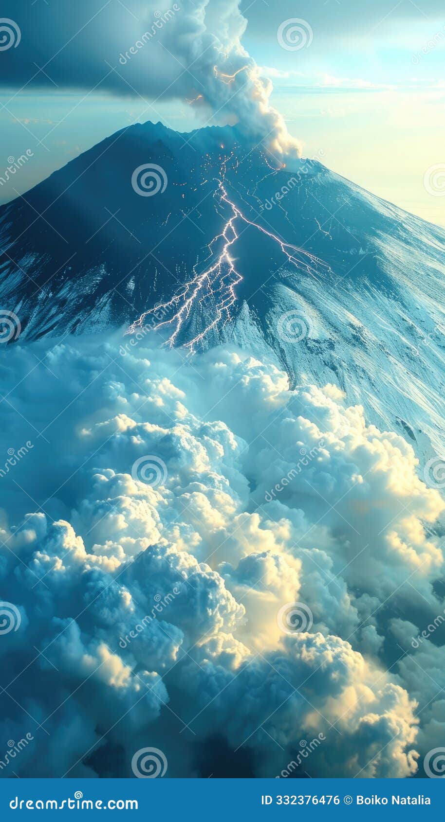majestic volcano erupting with lightning striking amidst a dramatic cloudscape at sunset