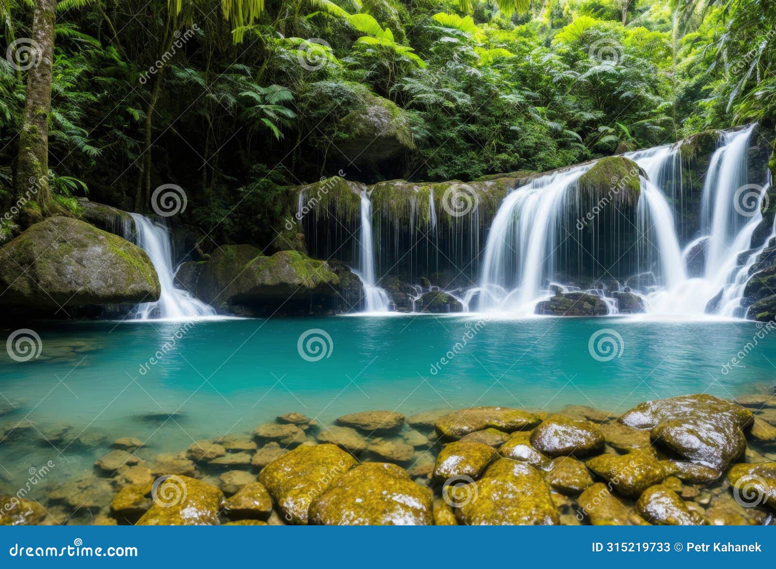 a powerful waterfall plunging into a secluded pool in the heart of a dense jungle, surrounded by towering trees and