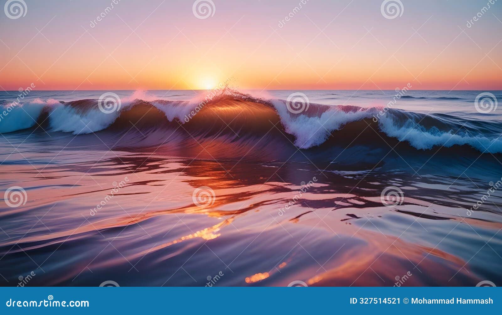 a powerful wave crashes against the shoreline at sunrise, creating a dramatic display of light and motion. the ocean is