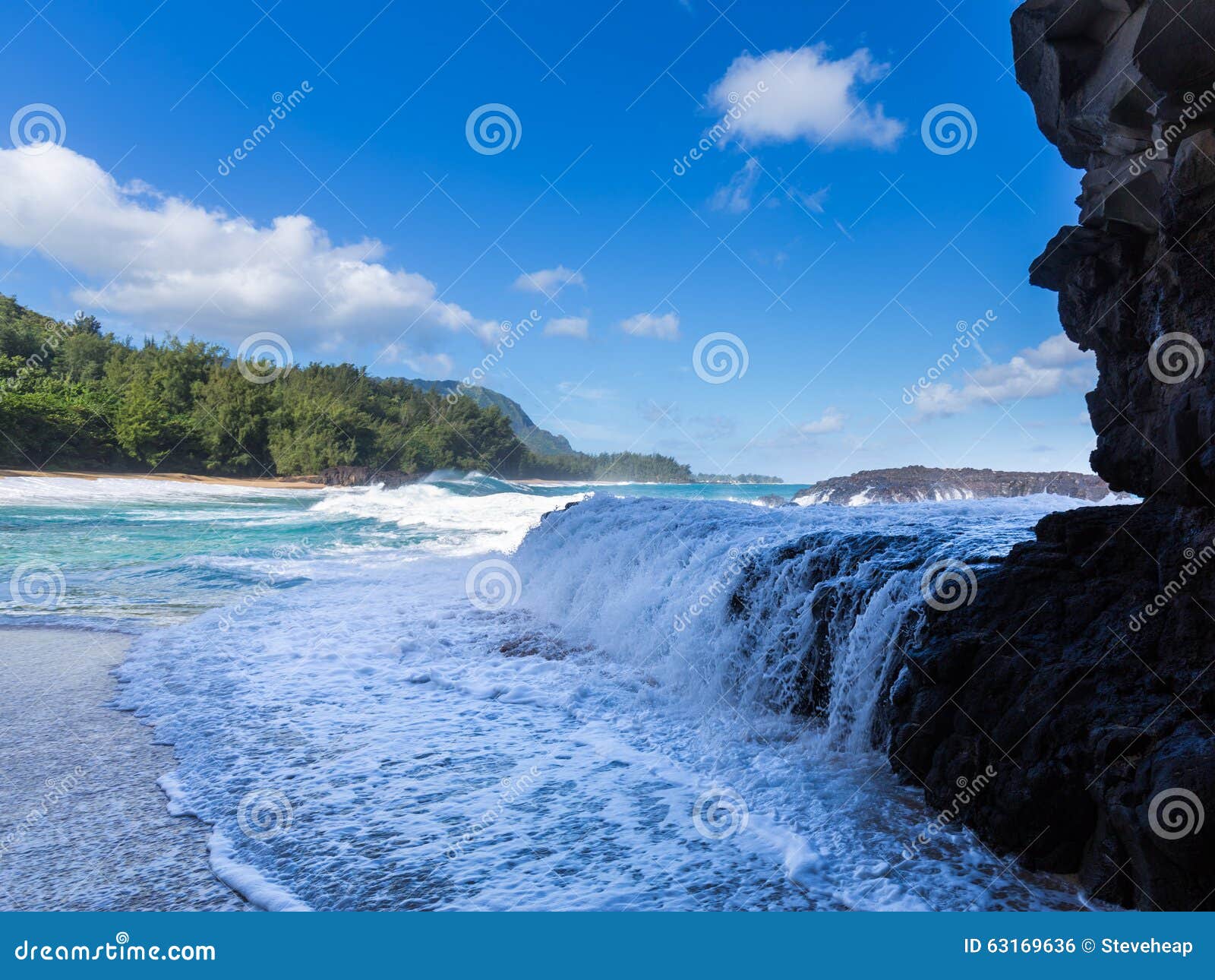 powerful waves flow over rocks at lumahai beach, kauai