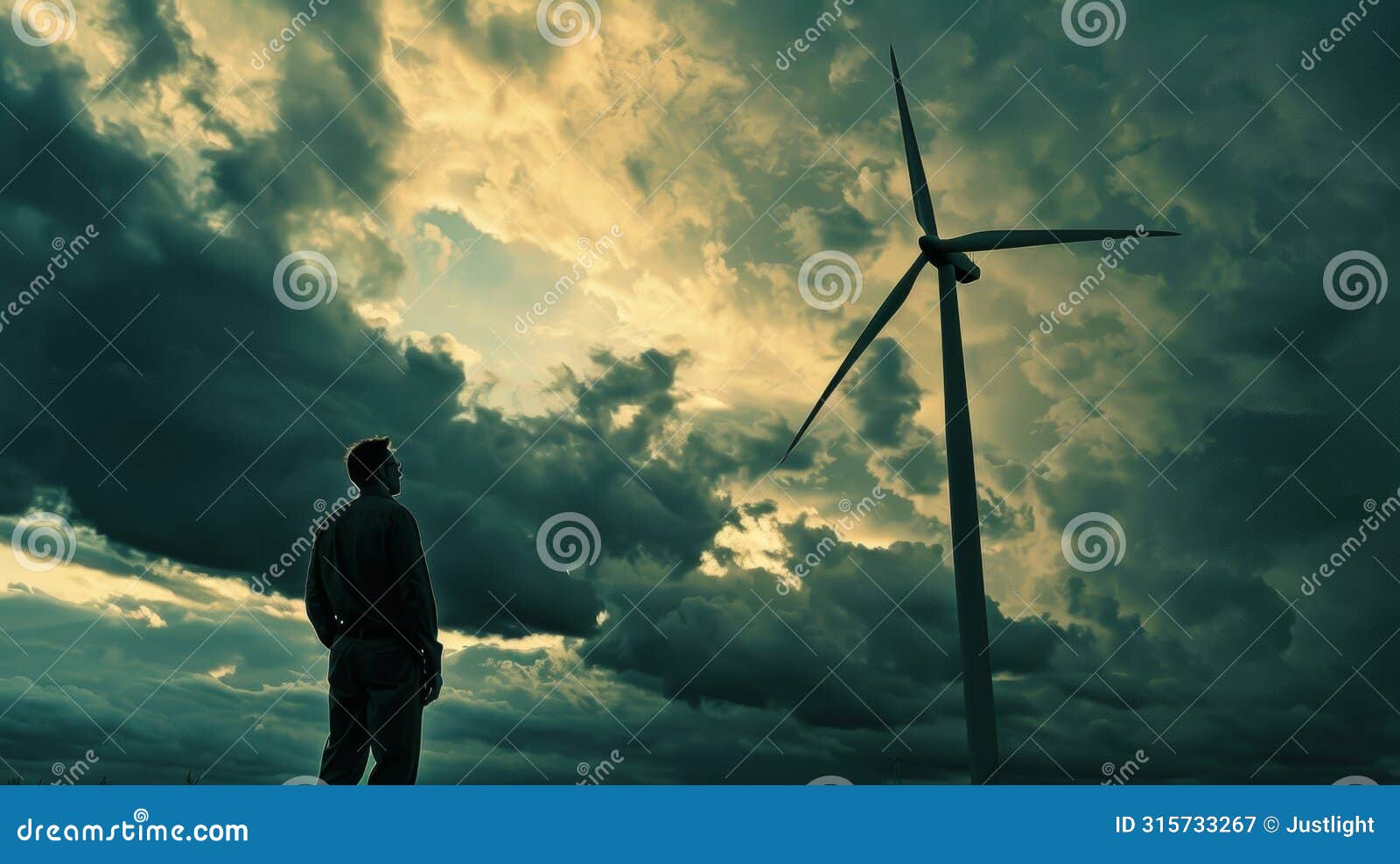a powerful wind turbine against a dramatic cloudy sky serves as the focal point of the image. in the foreground a