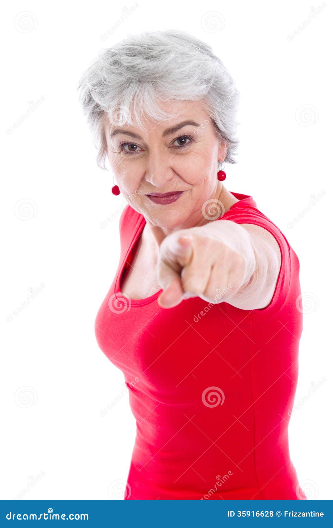 Powerful Woman In Red Isolated With Gray Hair Pointing With Fing