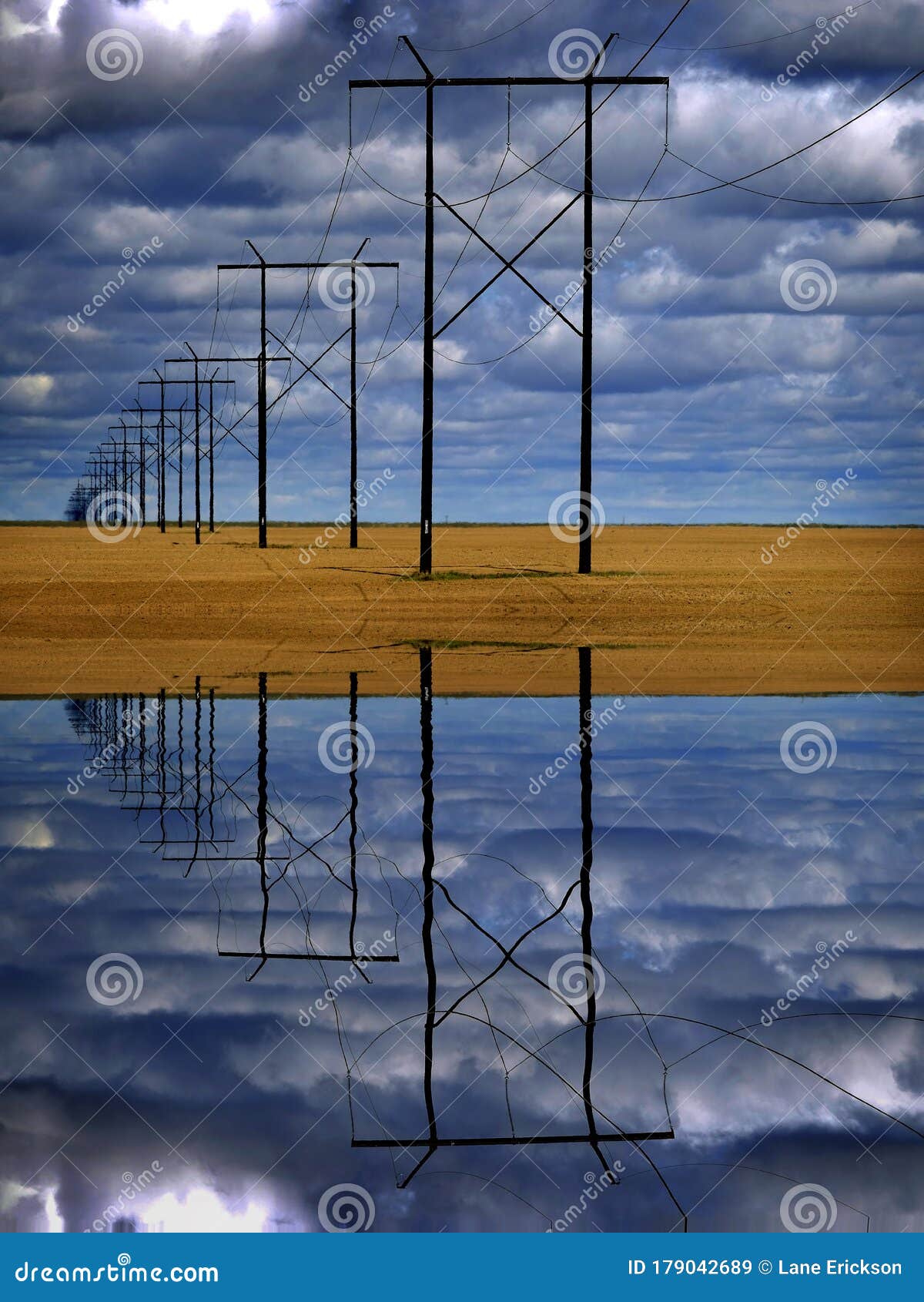 powerlines in field with blue sky and clouds reflection in water