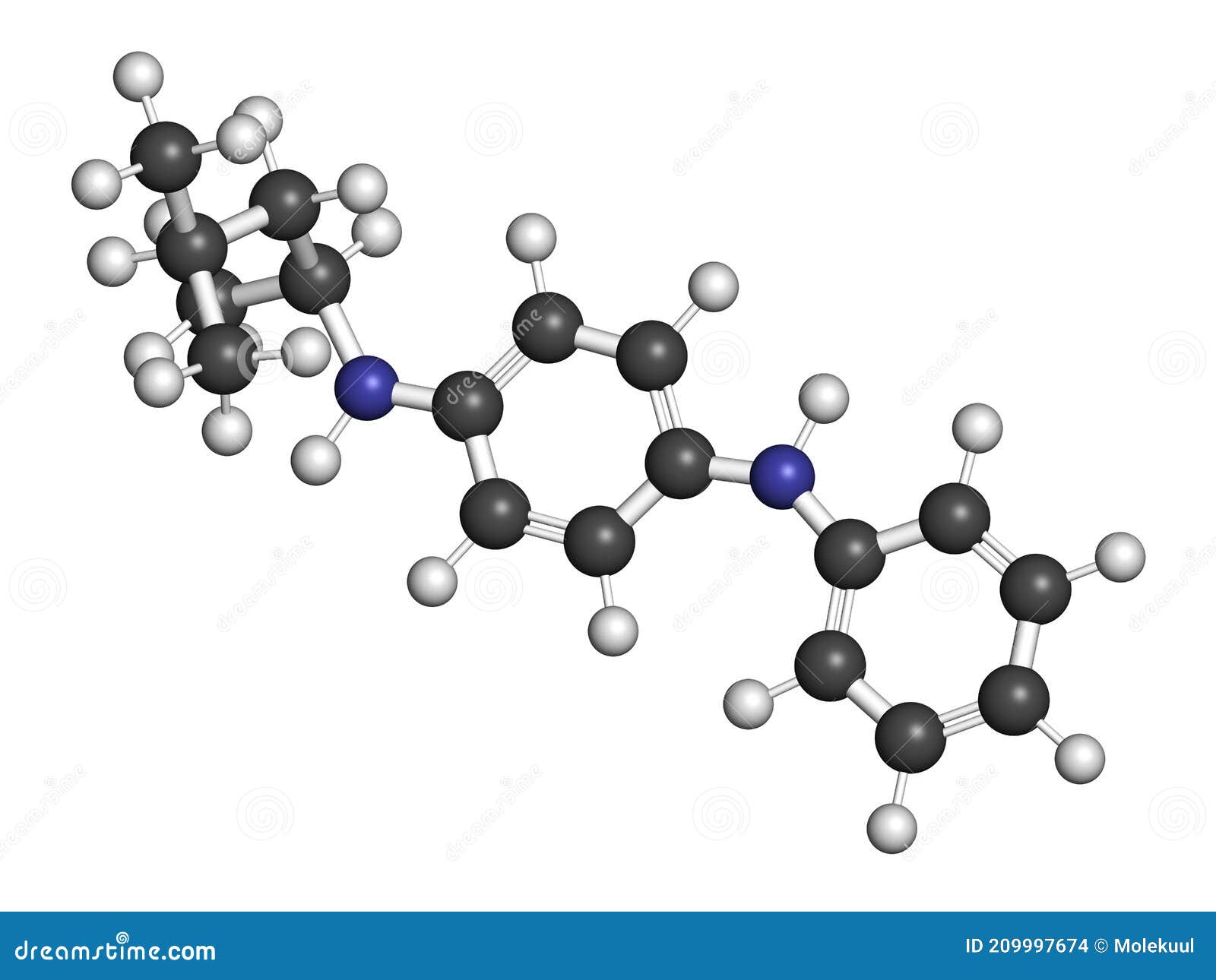 6ppd rubber additive molecule. toxic to salmon. 3d rendering. atoms are represented as spheres with conventional color coding: