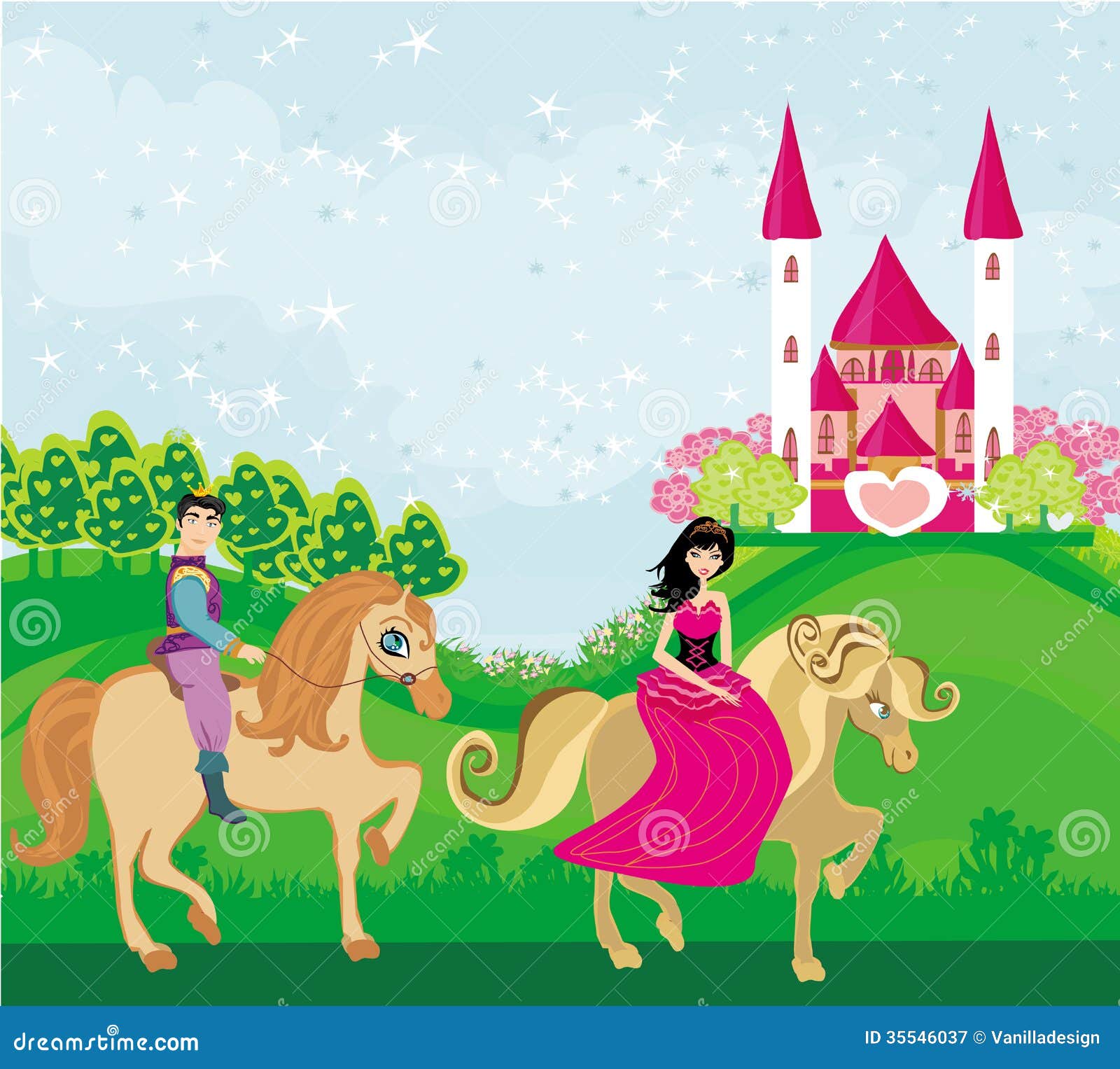 Príncipe Y Princesa En Sus Caballos Ilustración del Vector - Ilustración de  hierba, caballo: 35546037