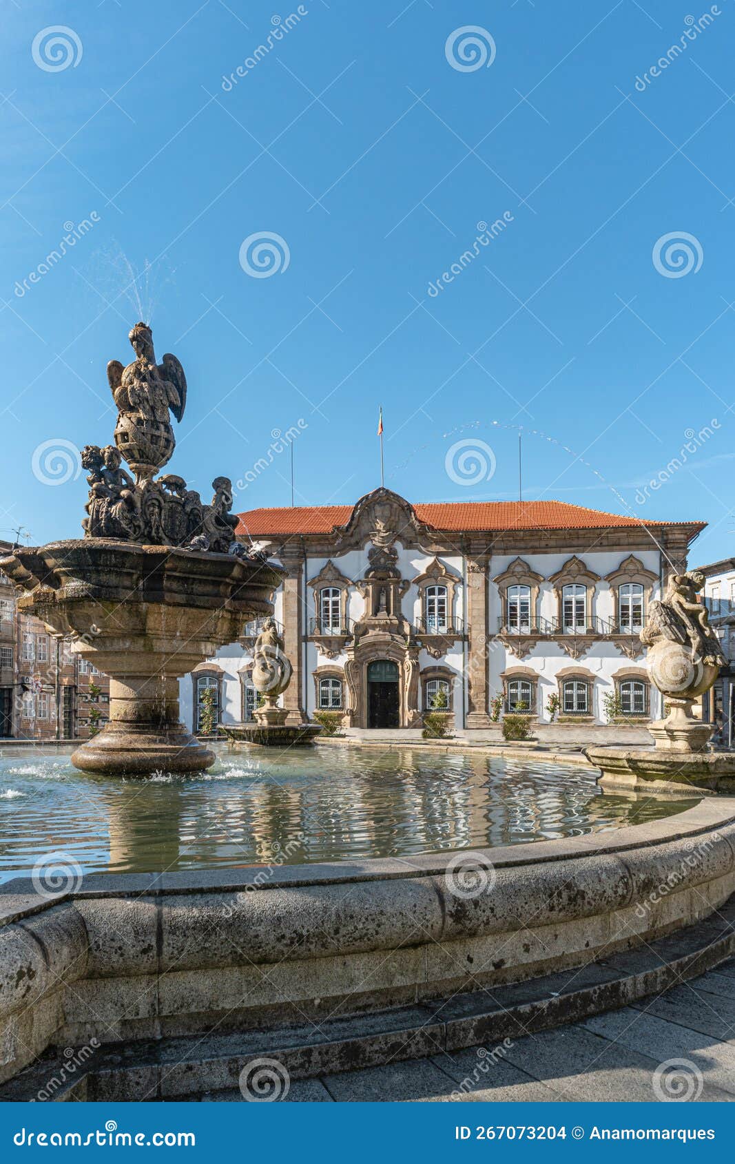 praca do municipio municipality square in braga downtown. on praca do municipio is the city hall, pelicano`s fountain