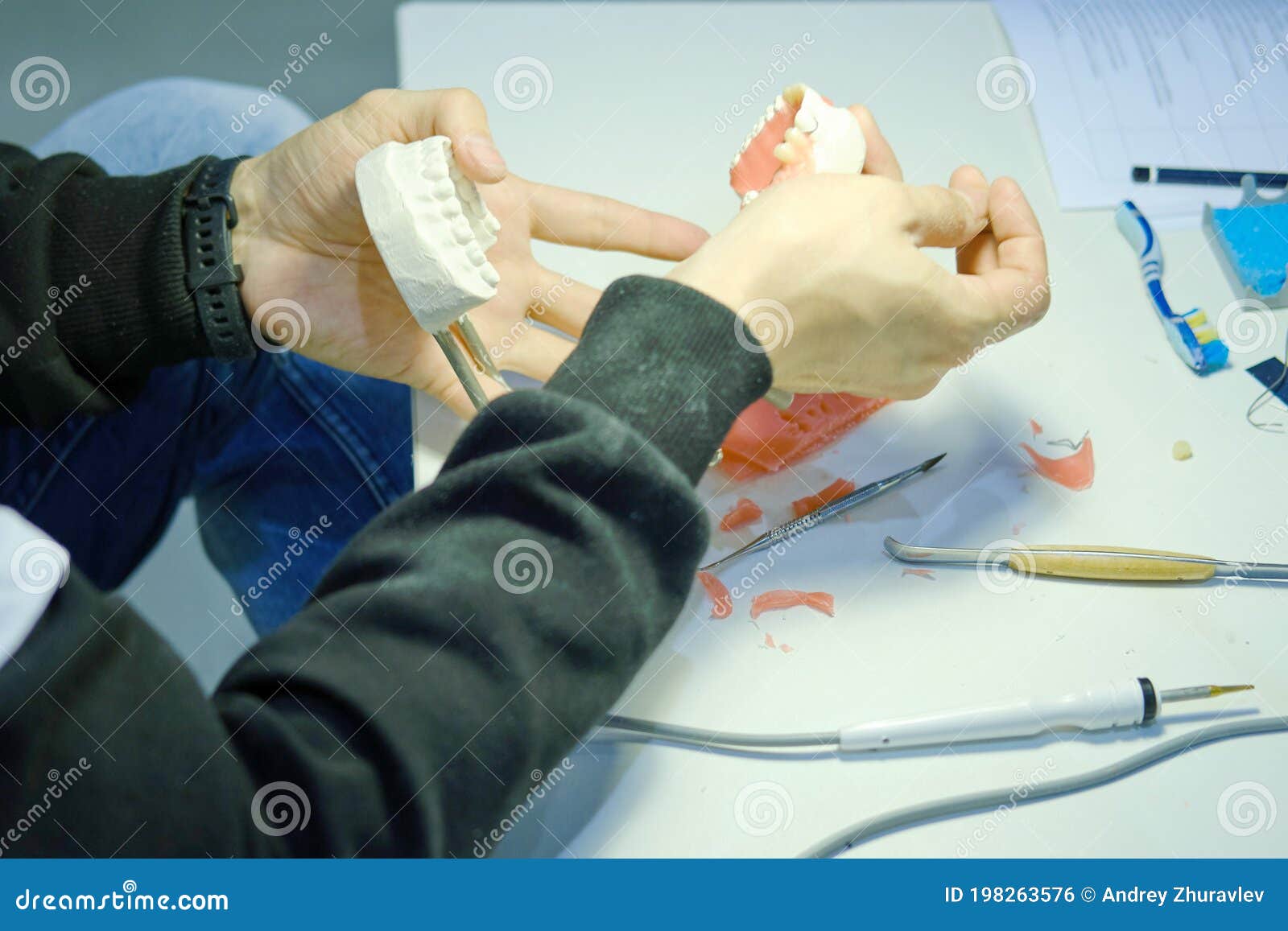 the practice of creating dentures. male dentist examines the work done to create artificial teeth