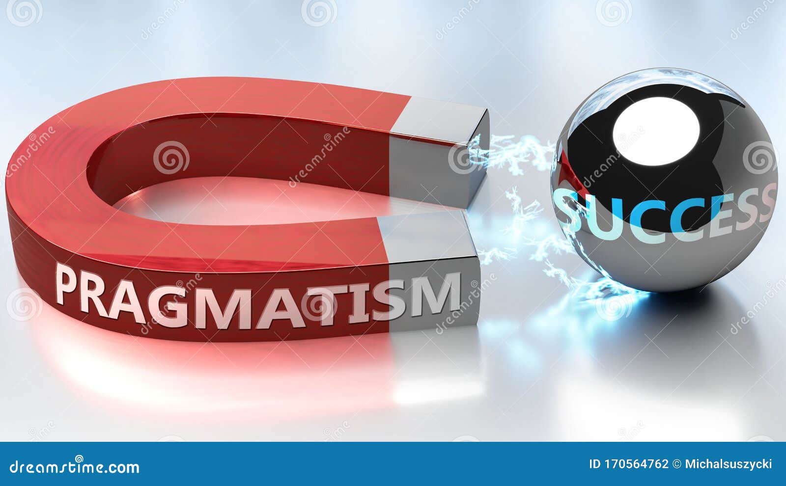 pragmatism helps achieving success - pictured as word pragmatism and a magnet, to ize that pragmatism attracts success in