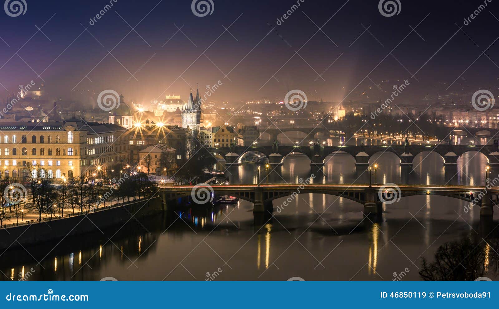 Prague bridges at night, nice reflections in the river