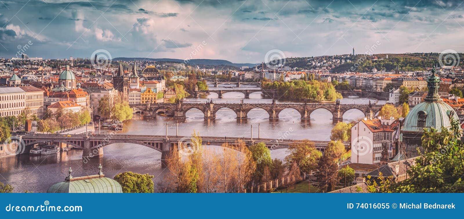 prague, czech republic bridges skyline with historic charles bridge and vltava river. vintage