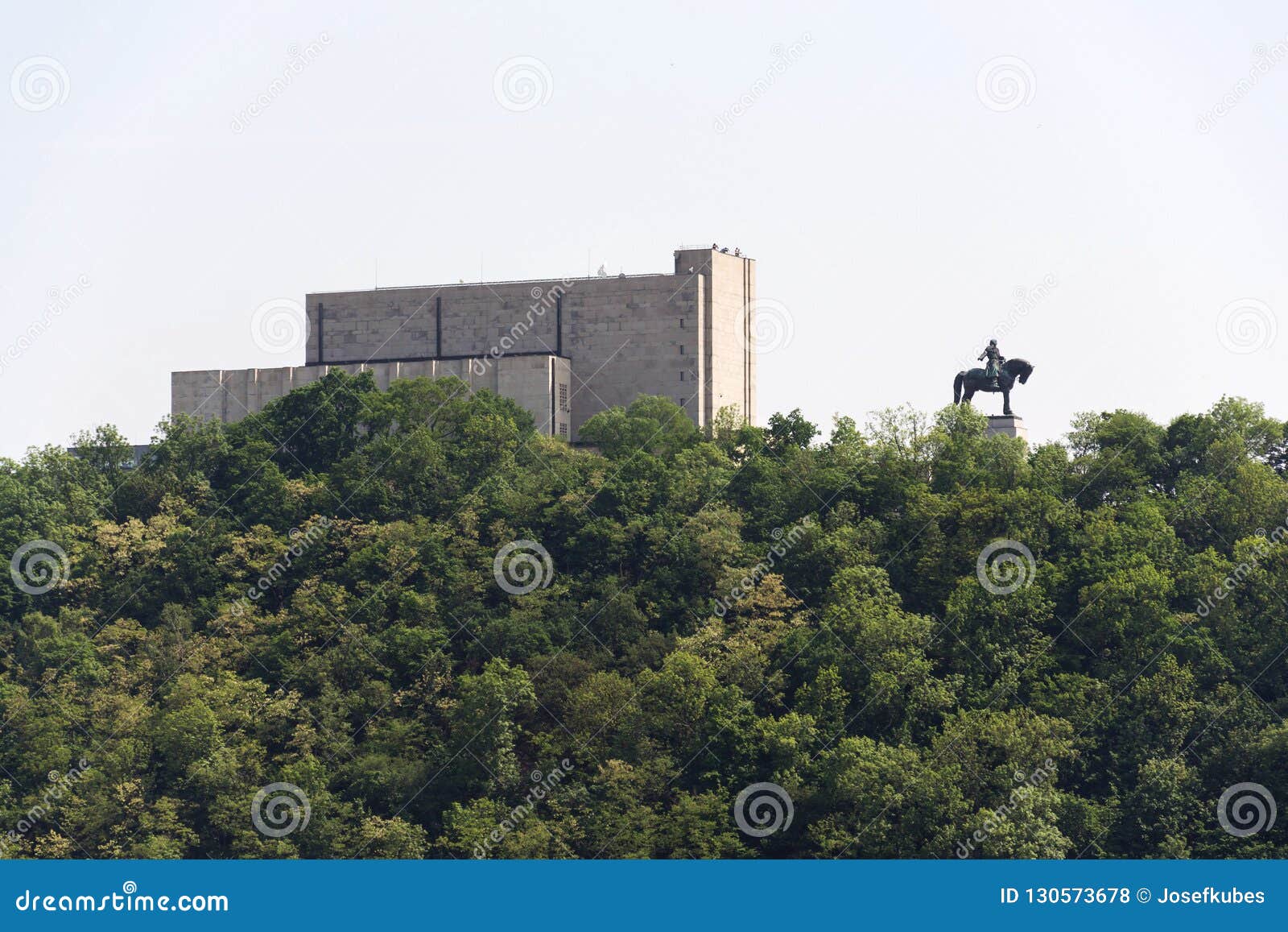 prague panorama with jan zizka equestrian statue in front of national memorial vitkov, sunny summer day