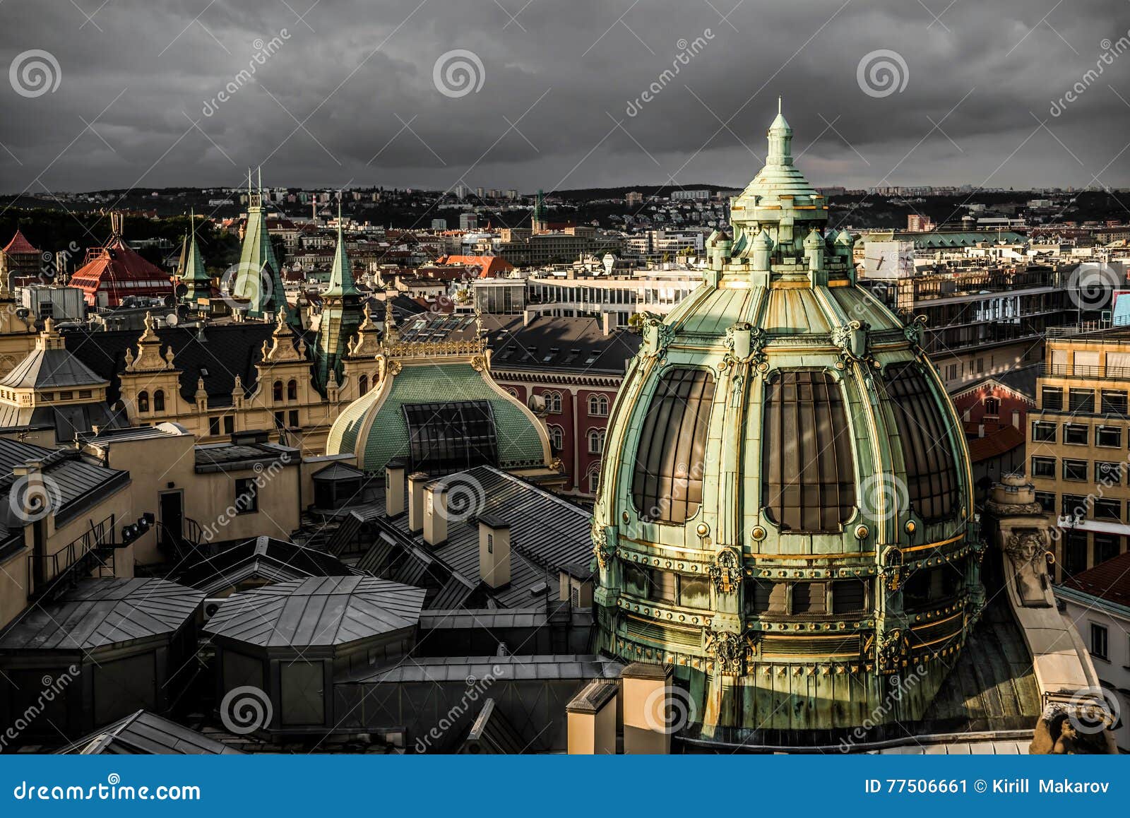 prague rooftops and obecni dum (municipal house), view from poder tower. czech republic