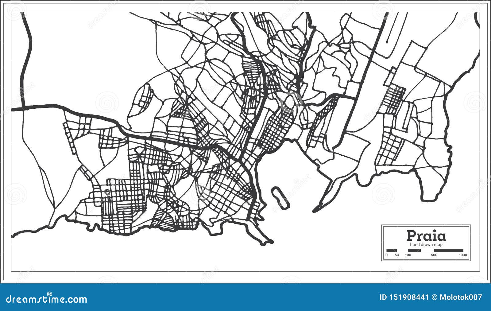 praia cape verde city map iin black and white color. outline map