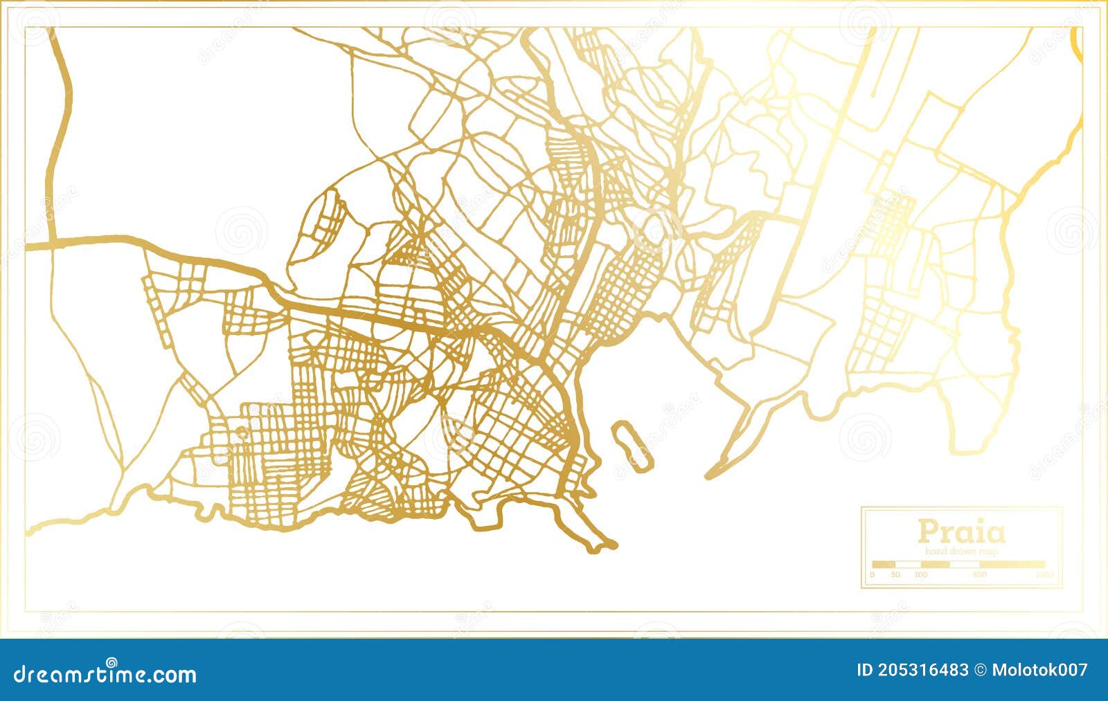 praia cape verde city map in retro style in golden color. outline map