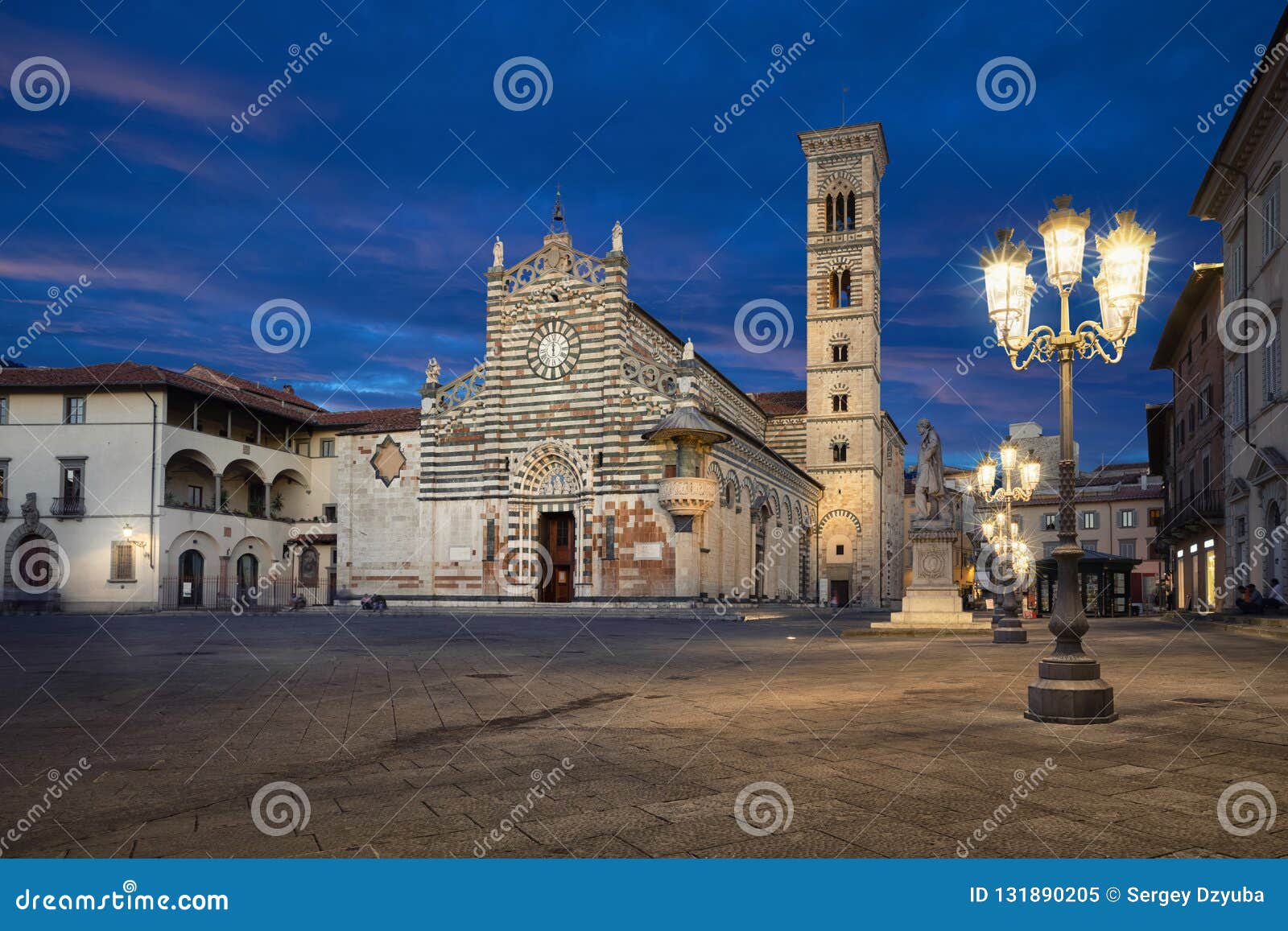 prato, italy. piazza del duomo and cathedral at dusk