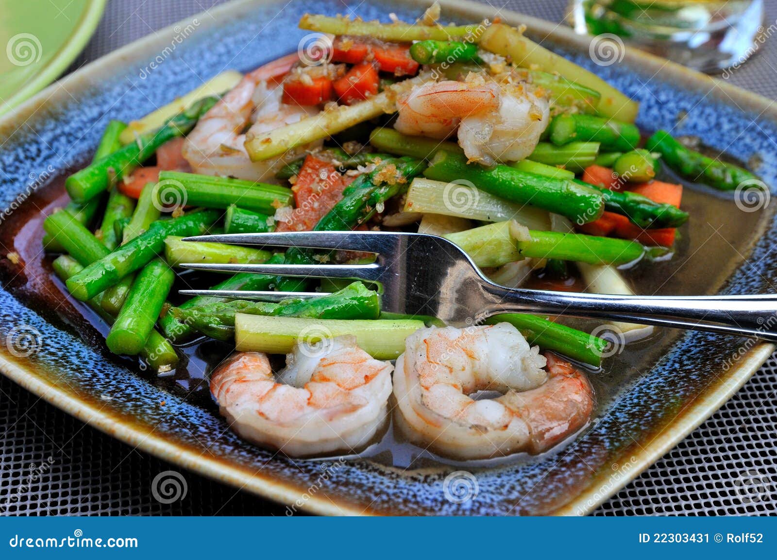 Prawns with green aspargus stock image. Image of food - 22303431