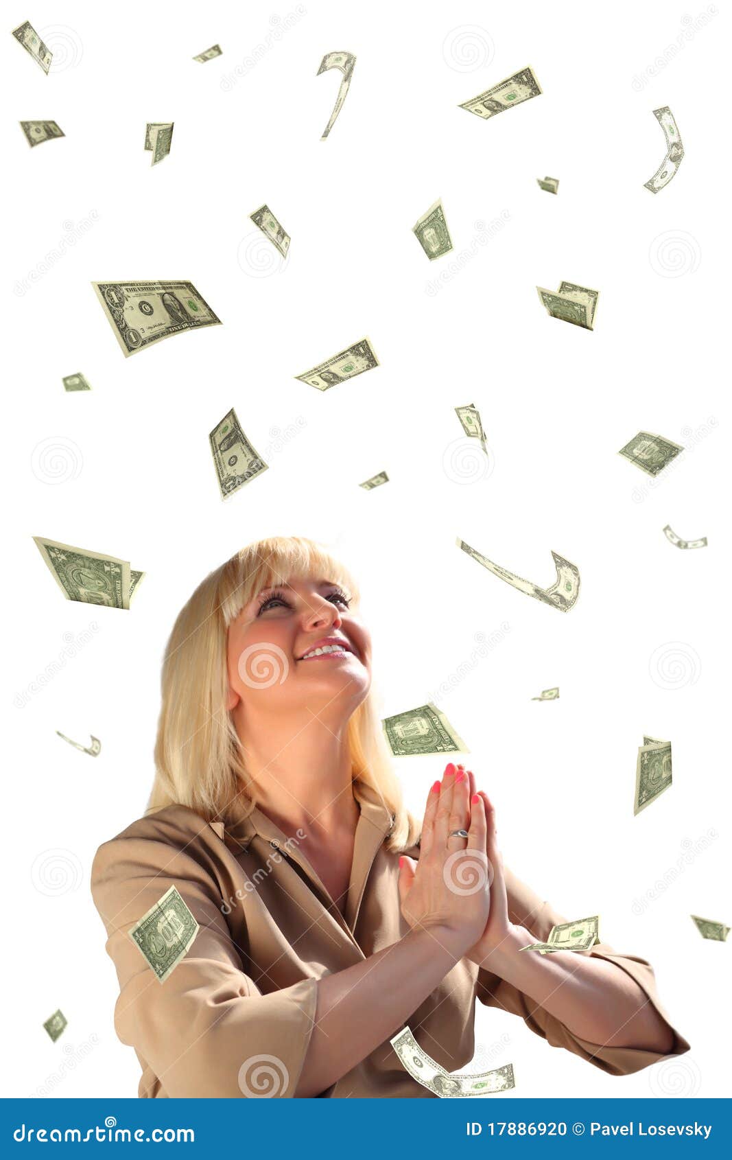 prayer middleaged businesswoman and dollar fall