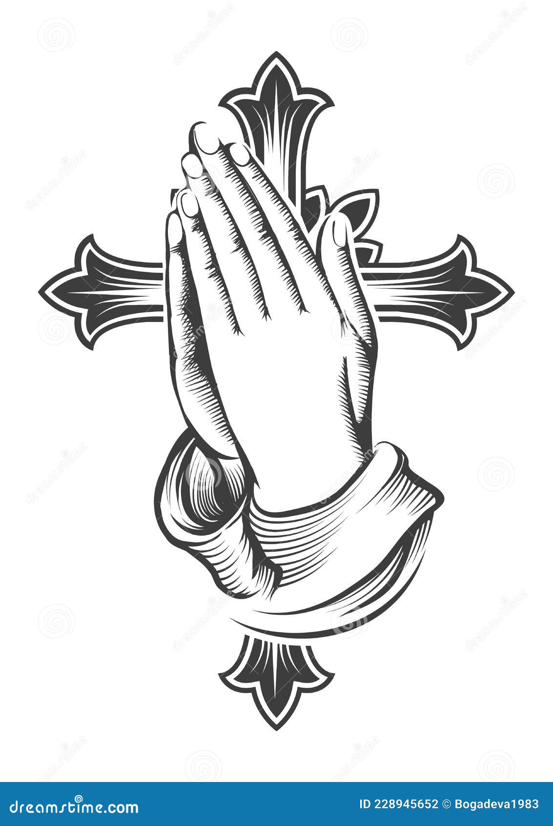 Praying Hands And Cross Engraving Tattoo Stock Vector Illustration Of