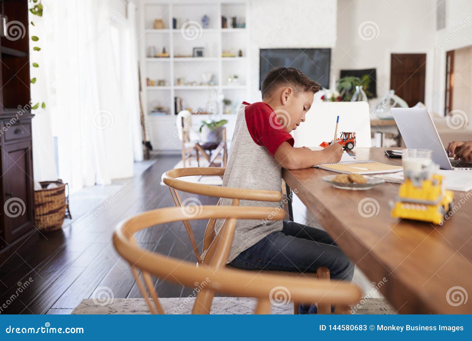 Preteen Boy Doing Homework Sitting at Table in the Dining Room, Side