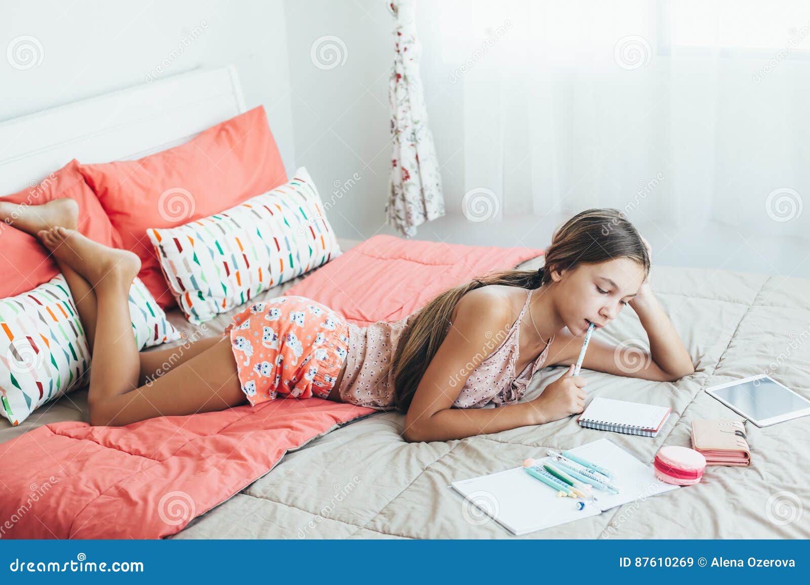 pre teen girl doing school homework