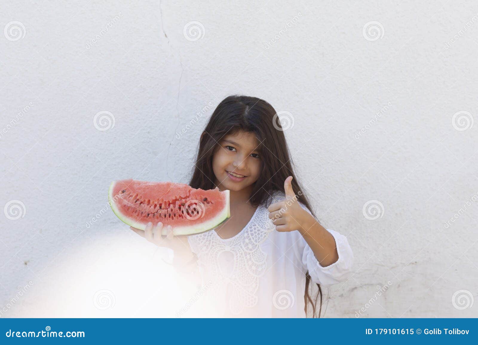Preteen Girl Eating Watermelon Happy Childhood Summer Girl St