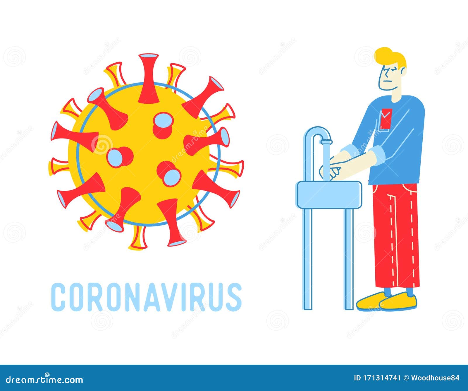 precautionary hygienic measures for coronavirus protection concept. man washing hands in bathroom with huge ncov cell