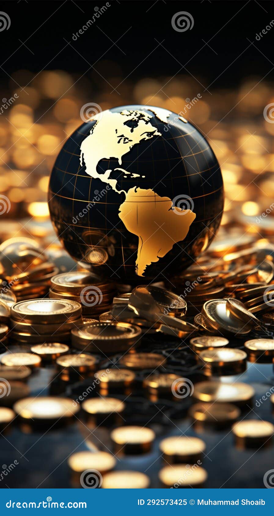 A Precious Black and Gold Globe Framed by a Heap of Gold Coins Stock ...
