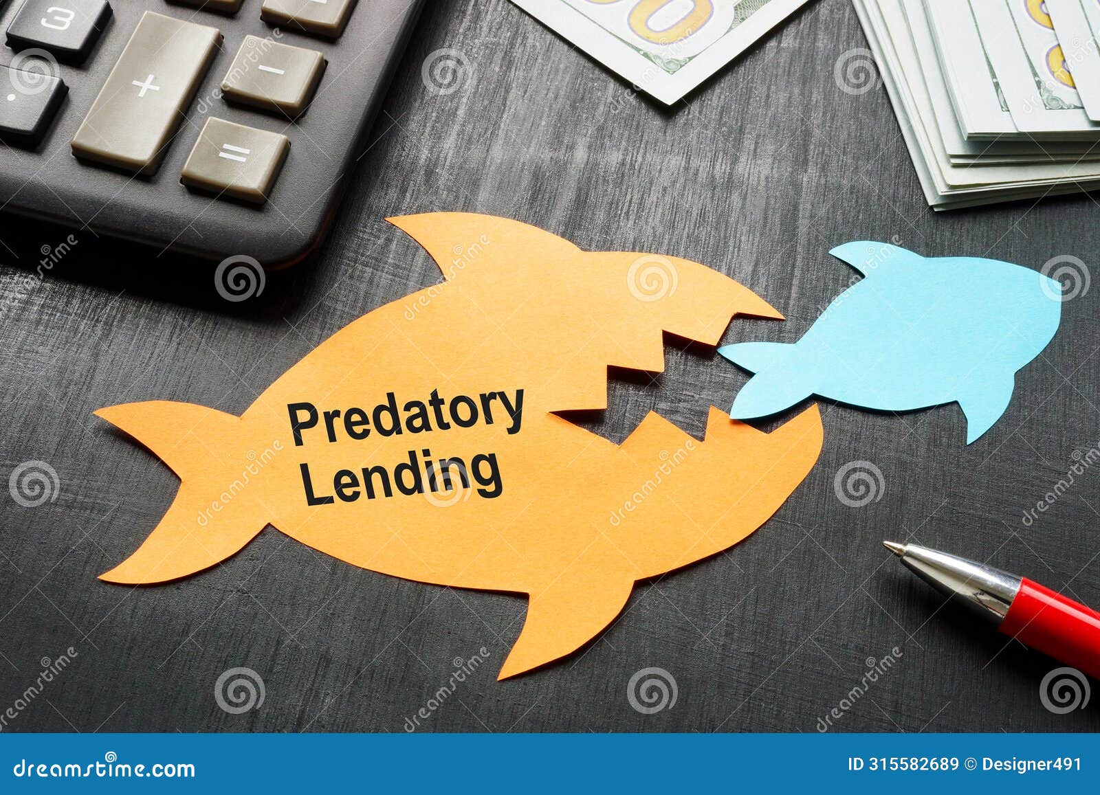 predatory lending concept. two paper fish on the office table.