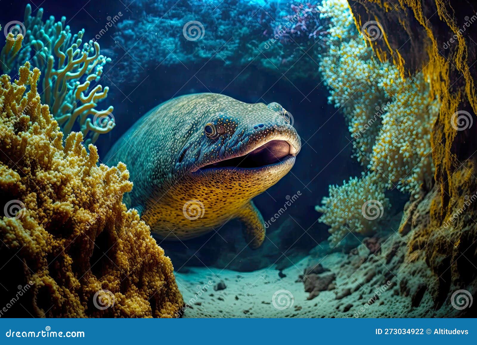 Predatory Moray Eel that Has Opened Its Mouth Floats through Underwater