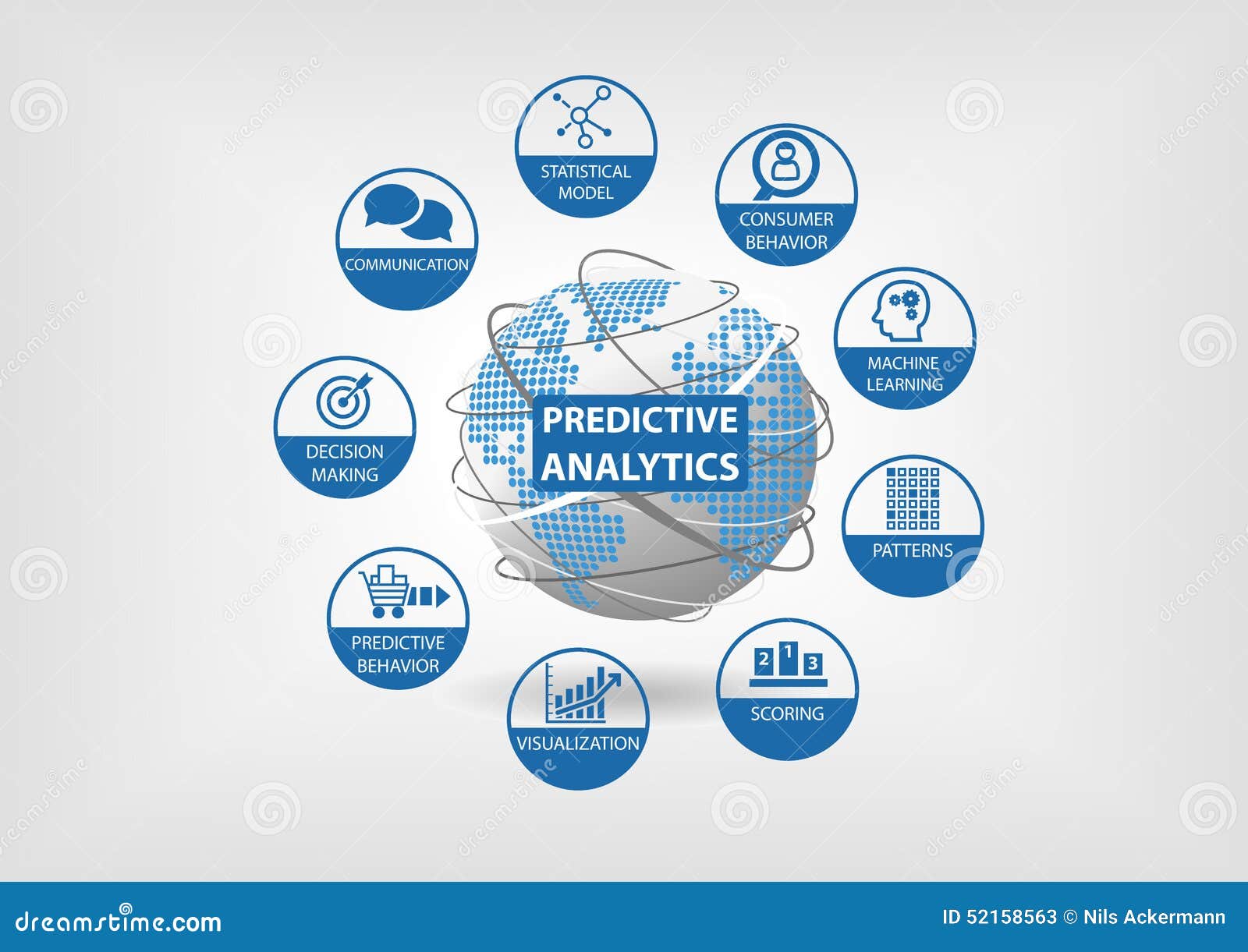 predictive web and data analytics icons. globe and world map with analytics components like consumer behavior, statistical