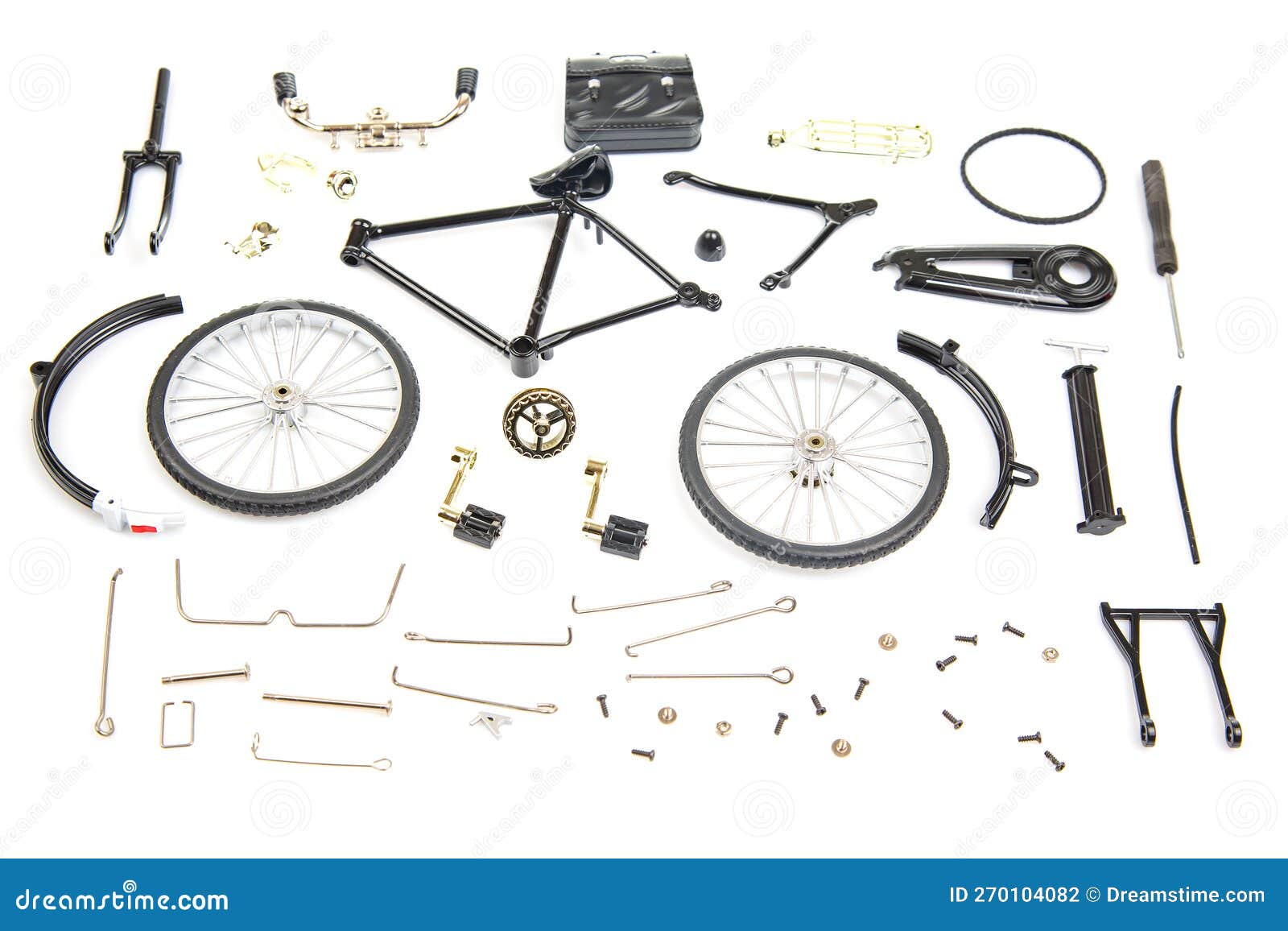 Prefabricated Parts of a Bicycle Model on a White Background Stock