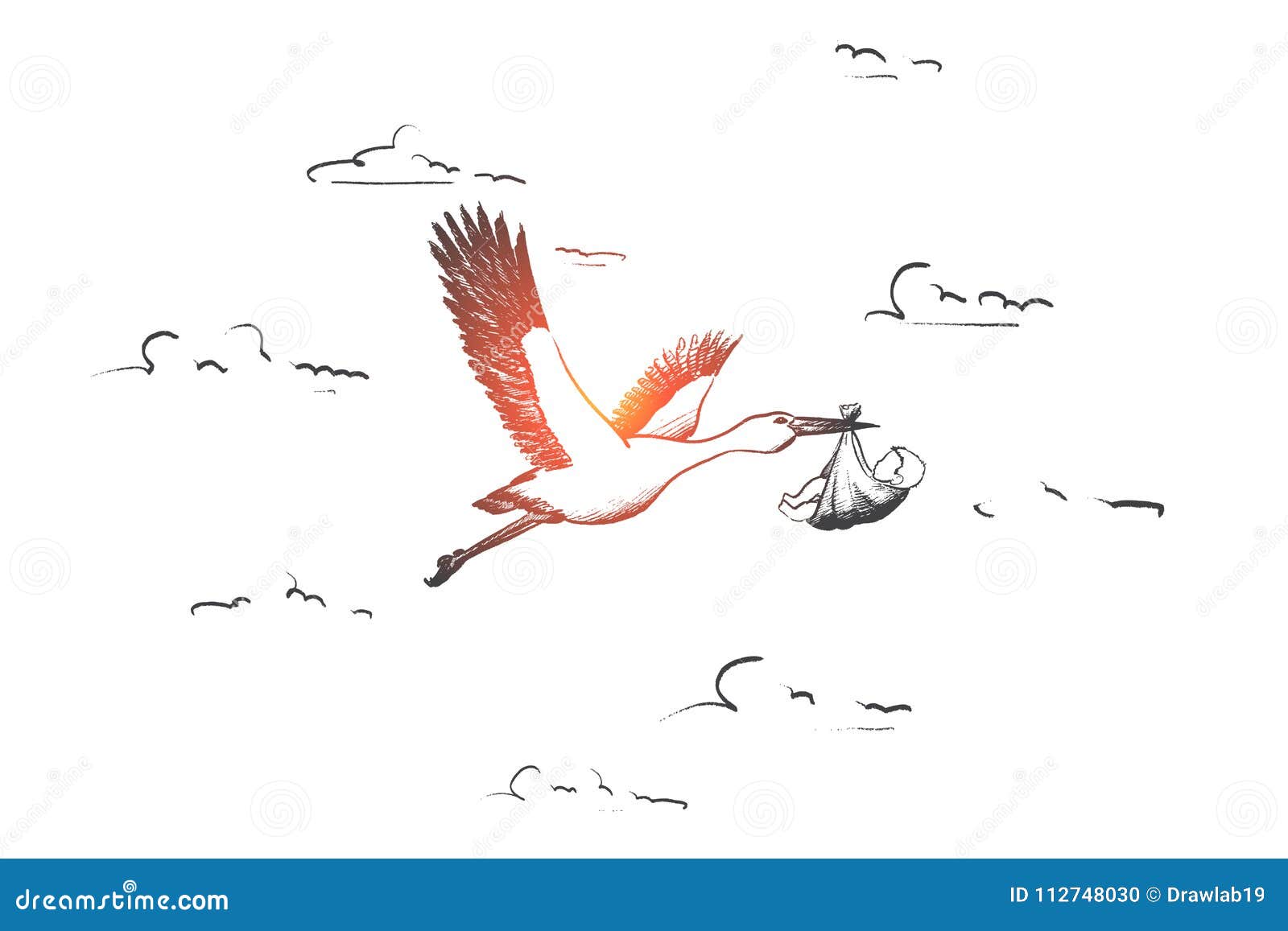Pregnancy concept. Hand drawn vector. Pregnancy concept. Hand drawn stork in flight delivering a newborn baby. Symbol of newborn child vector illustration.