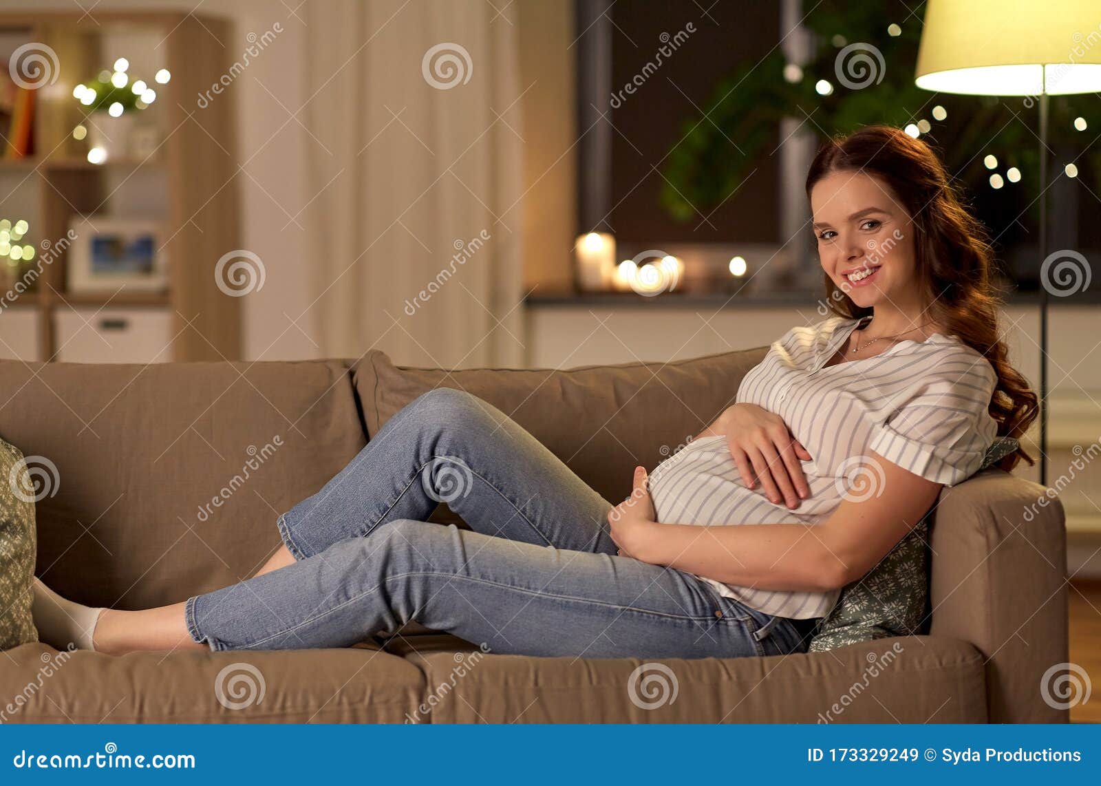 Happy Smiling Pregnant Woman On Sofa At Home Stock Image Image Of Smiling Adult 173329249 