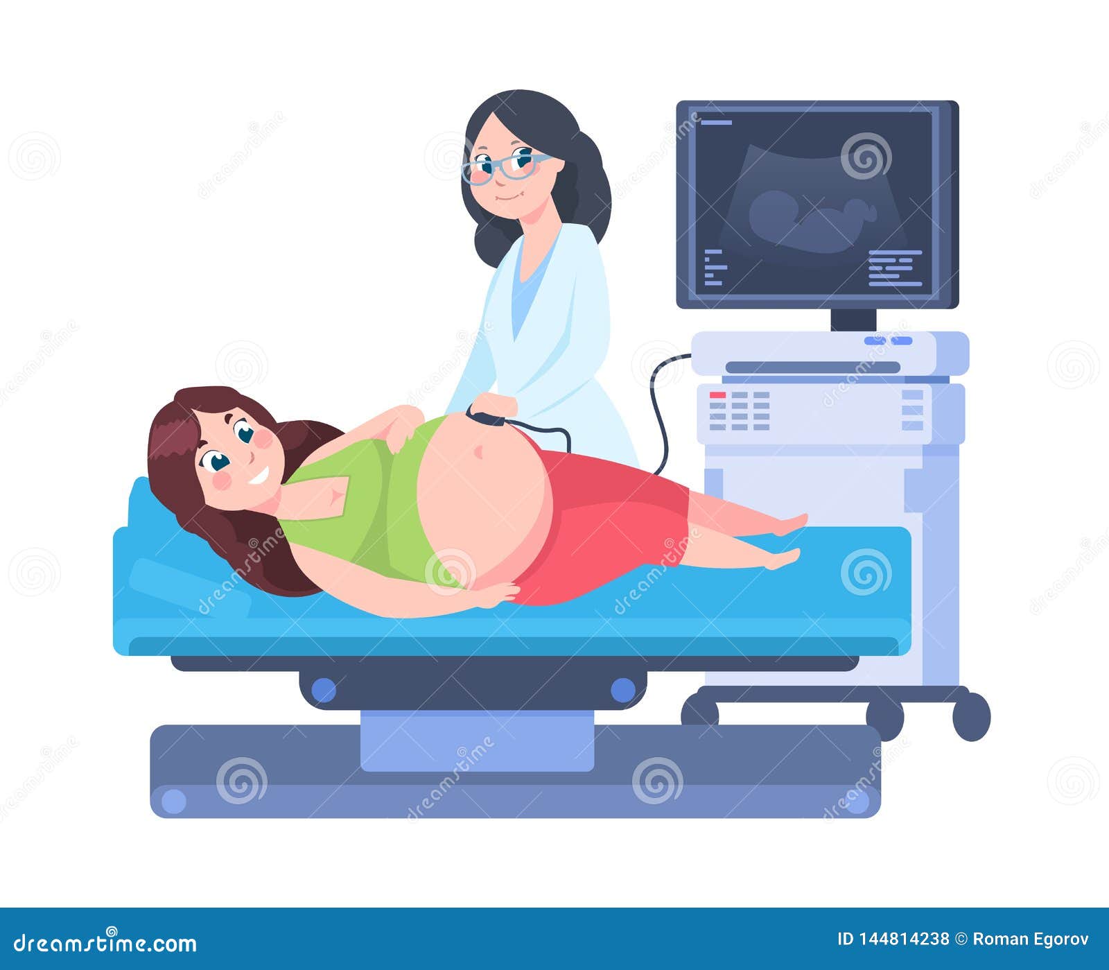 pregnancy ultrasound scan. woman at gynecology abdomen examination, cartoon doctor examine pregnant woman. 