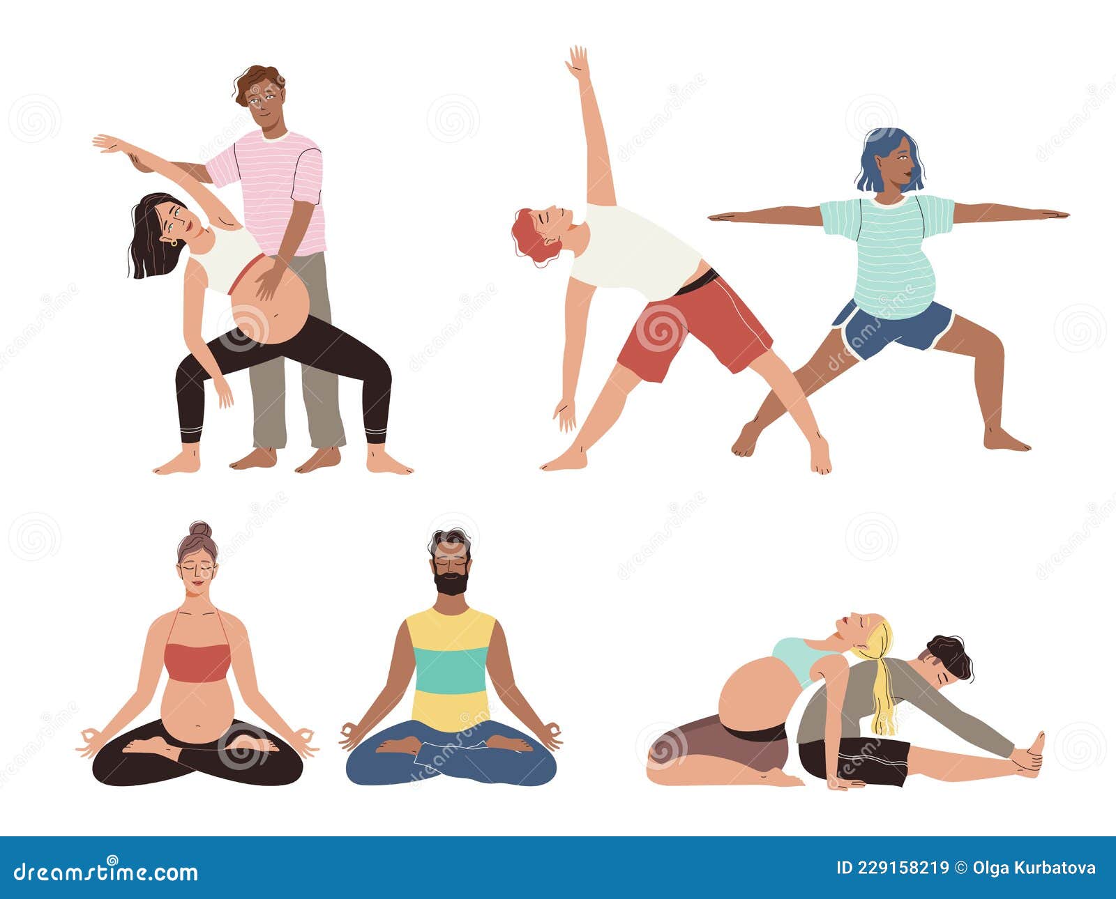 Pregnancy Yoga Couple. Happy Future Parents Different Asana Poses, Healthy  Family Stretch and Meditation Exercise Stock Vector - Illustration of  meditating, child: 229158219