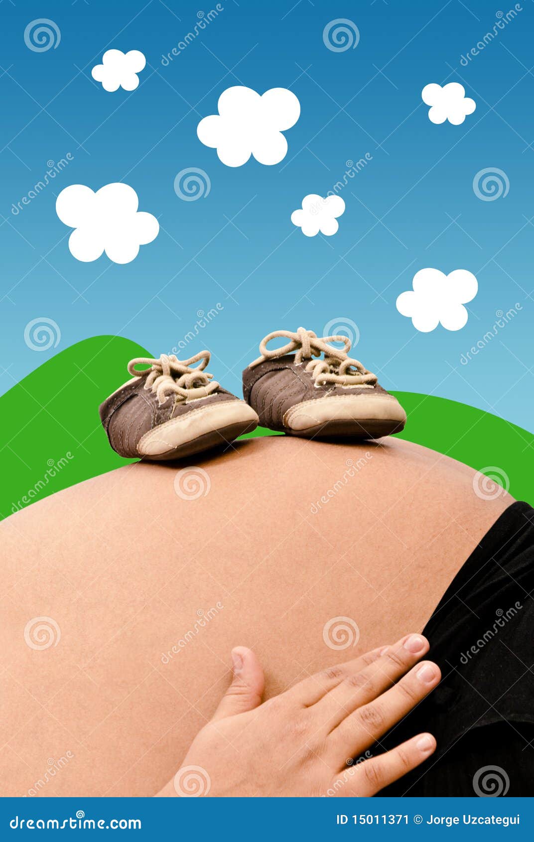 Pregnant belly. Pregnant woman with an infantile background.