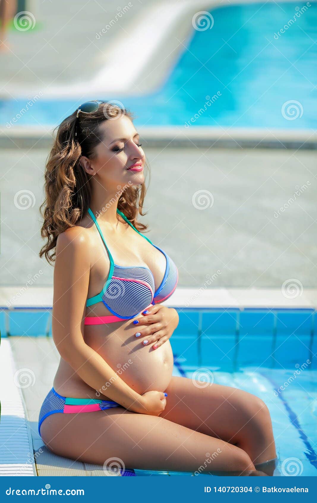 Pregnant in Bikini Swims in the Pool Stock Photo Image of caucasian