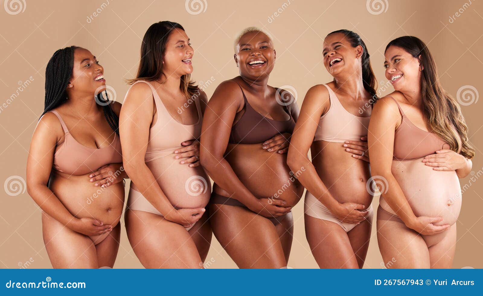 Pregnant, body and portrait of women in belly support touch, hope and  community diversity on studio background. Smile, happy and pregnancy  friends in underwear, stomach growth and healthcare wellness by YuriArcurs  Vectors