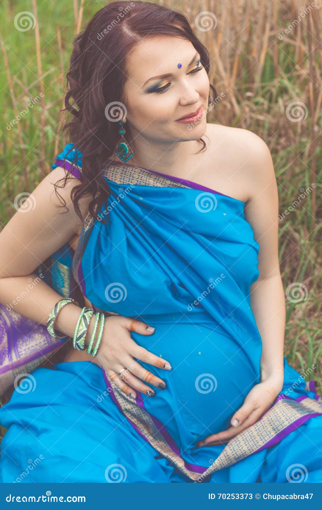 Pregnant Indian Girl Is Wearing Blue Sari Stock Image Image 70253373 