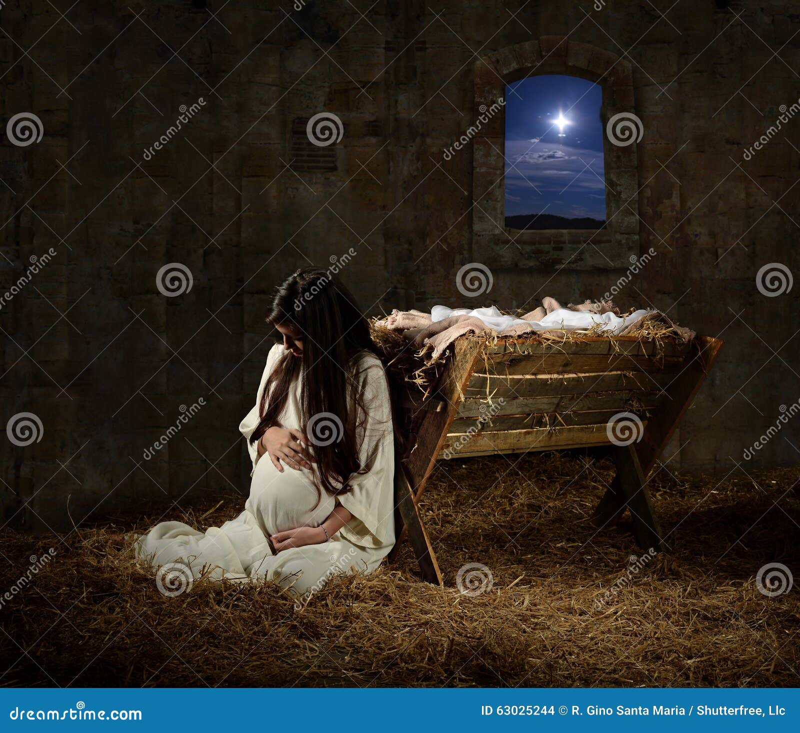 pregnant mary leaning on manger