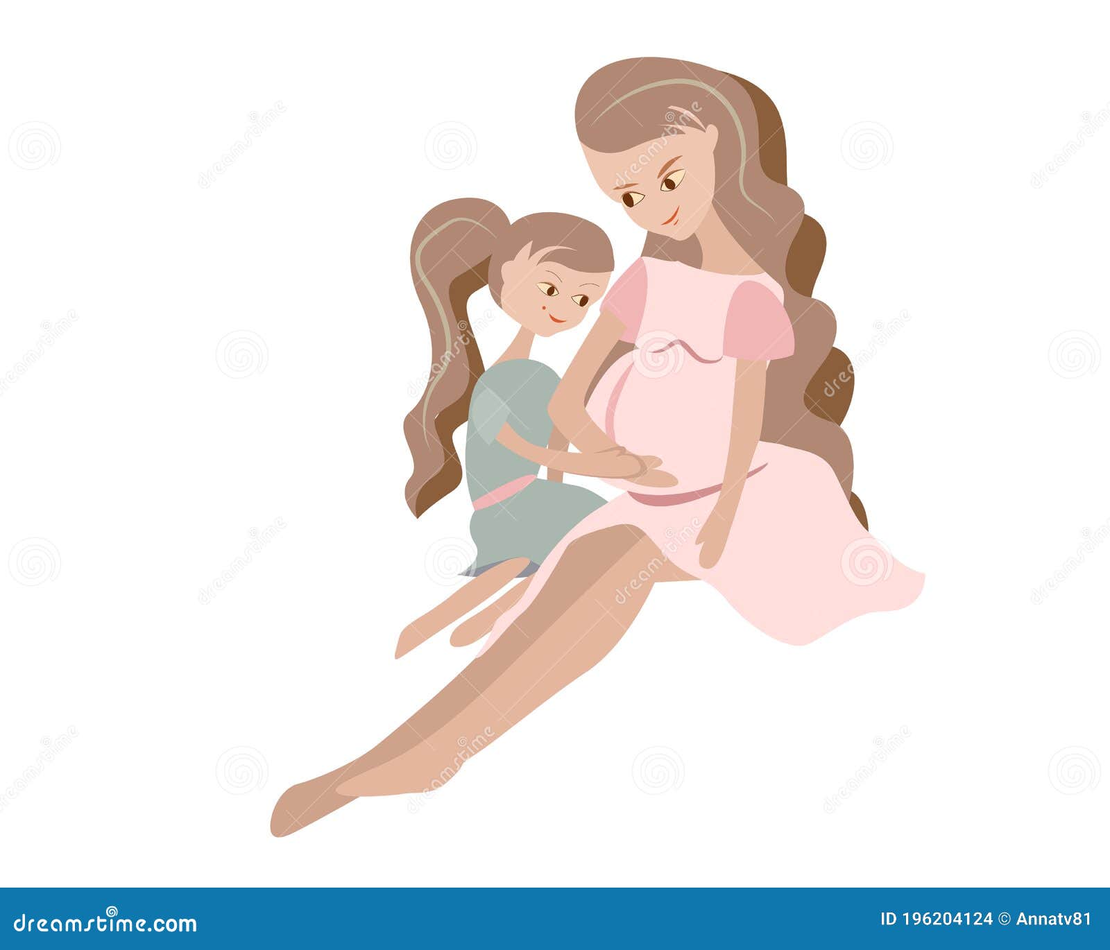 pregnant mother and daugther spend time together. dauther is happy to get newborn.flat style