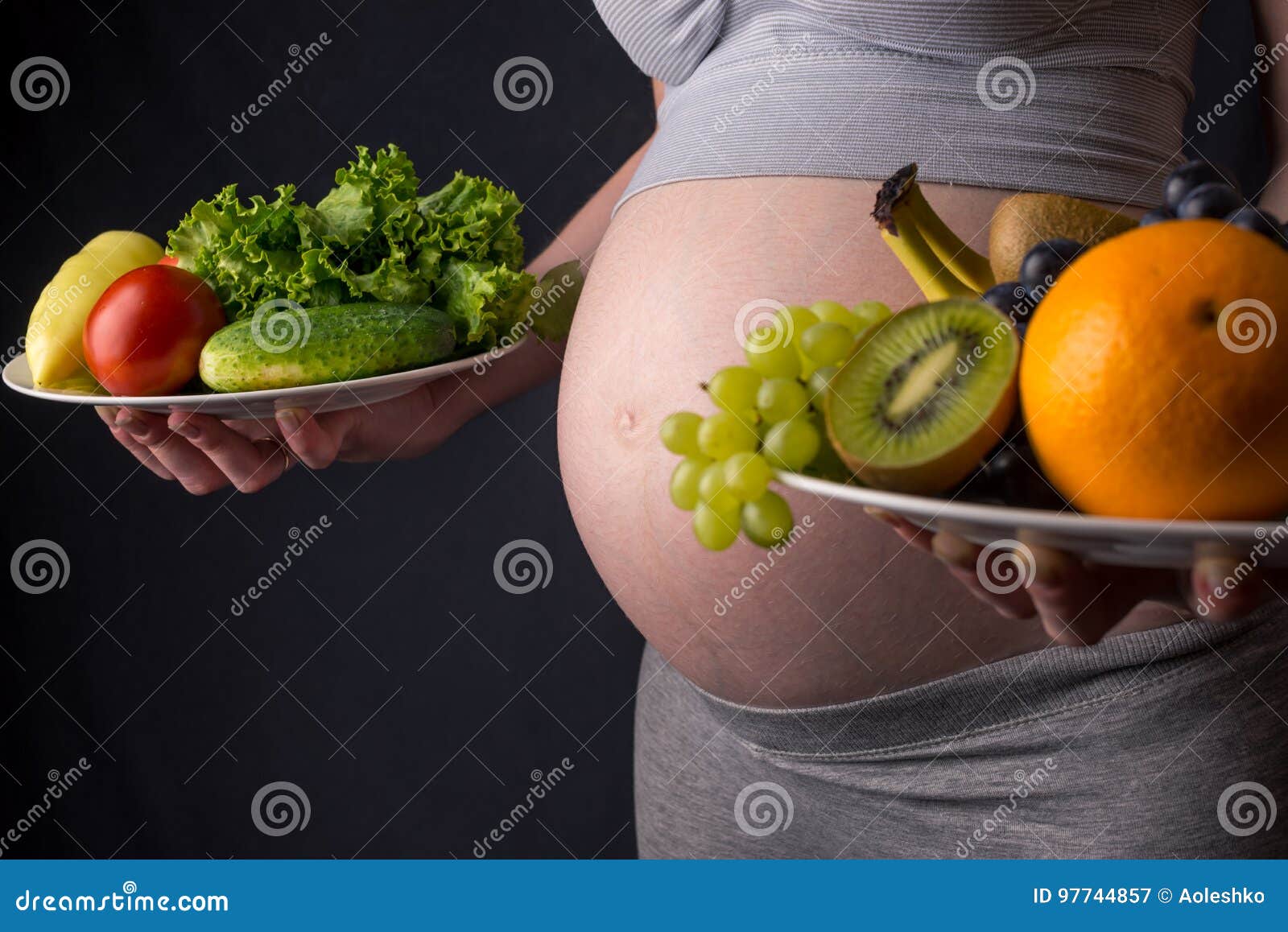 Pregnant Woman With Belly Holding A Plate With Fruits And ...