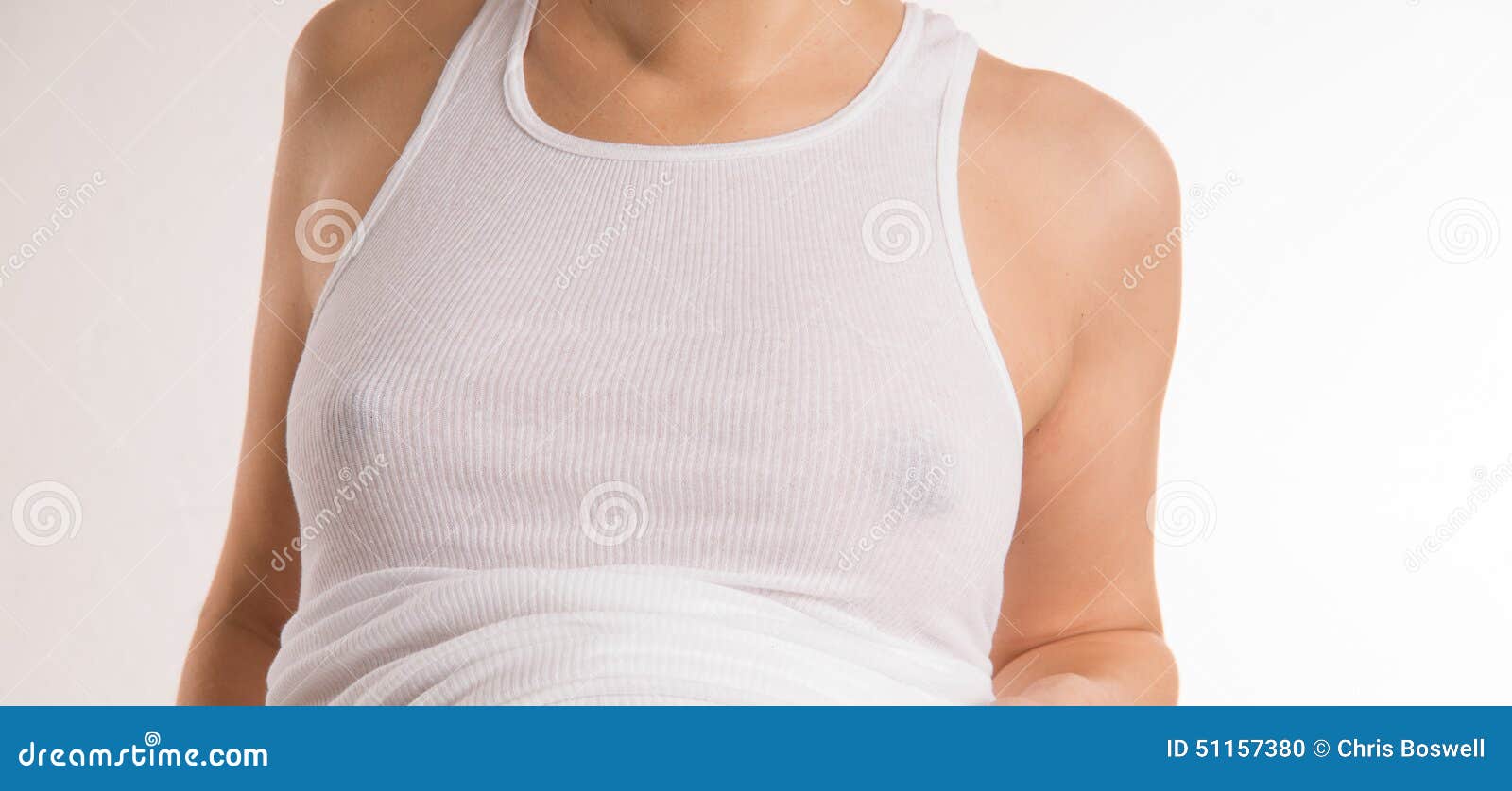 Pregnant Woman Braless Breasts Wearing White Wife Beater Tank Top