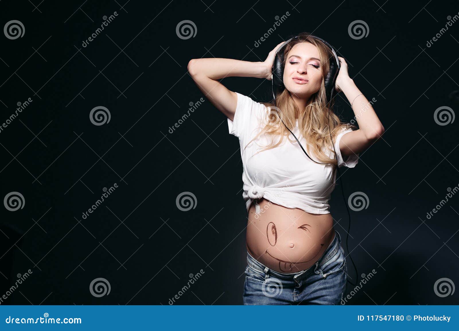 Long Hair Pregnant Nude - Pregnant Woman Dancing And Smiling With Closed Eyes. Stock ...