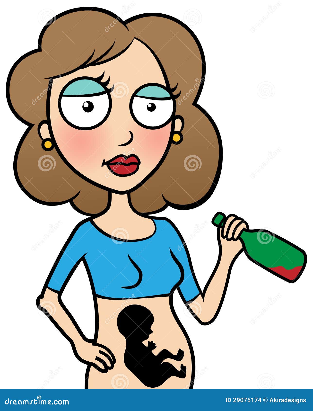 Cartoon vector illustration of young pregnant woman drinking alcohol