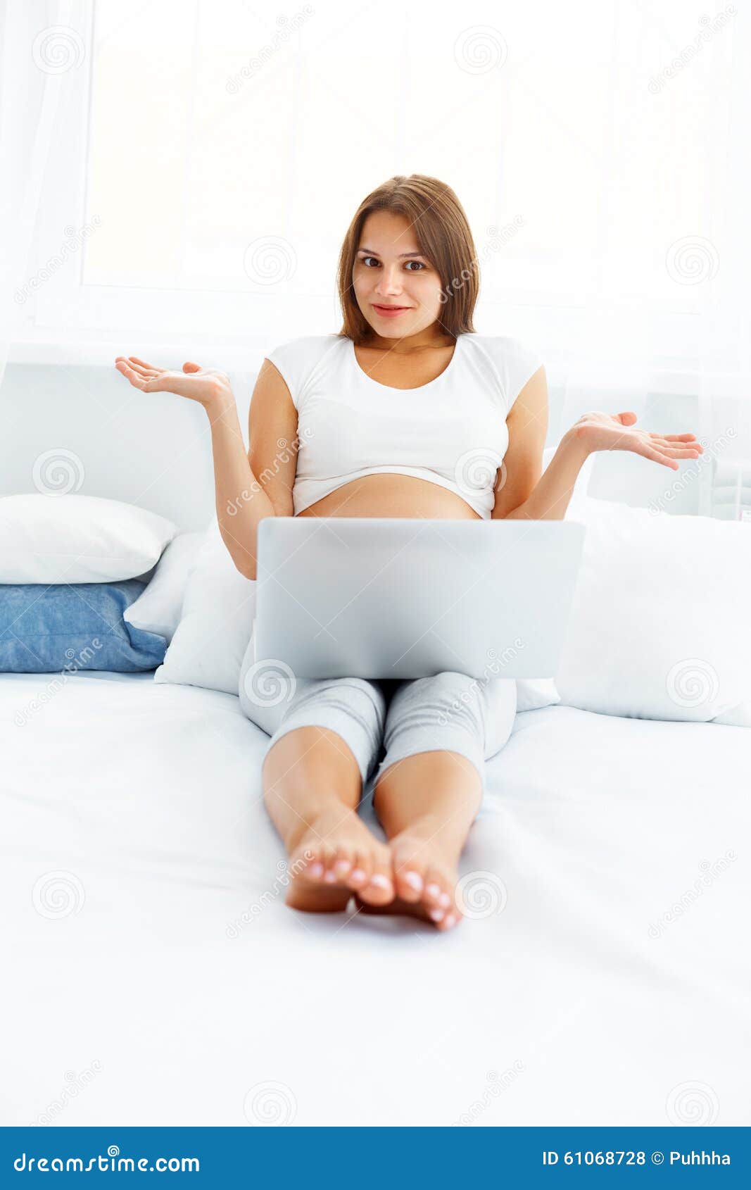 Pregnant Woman Feels Confused while Using Her Laptop Computer Stock Photo Image of working