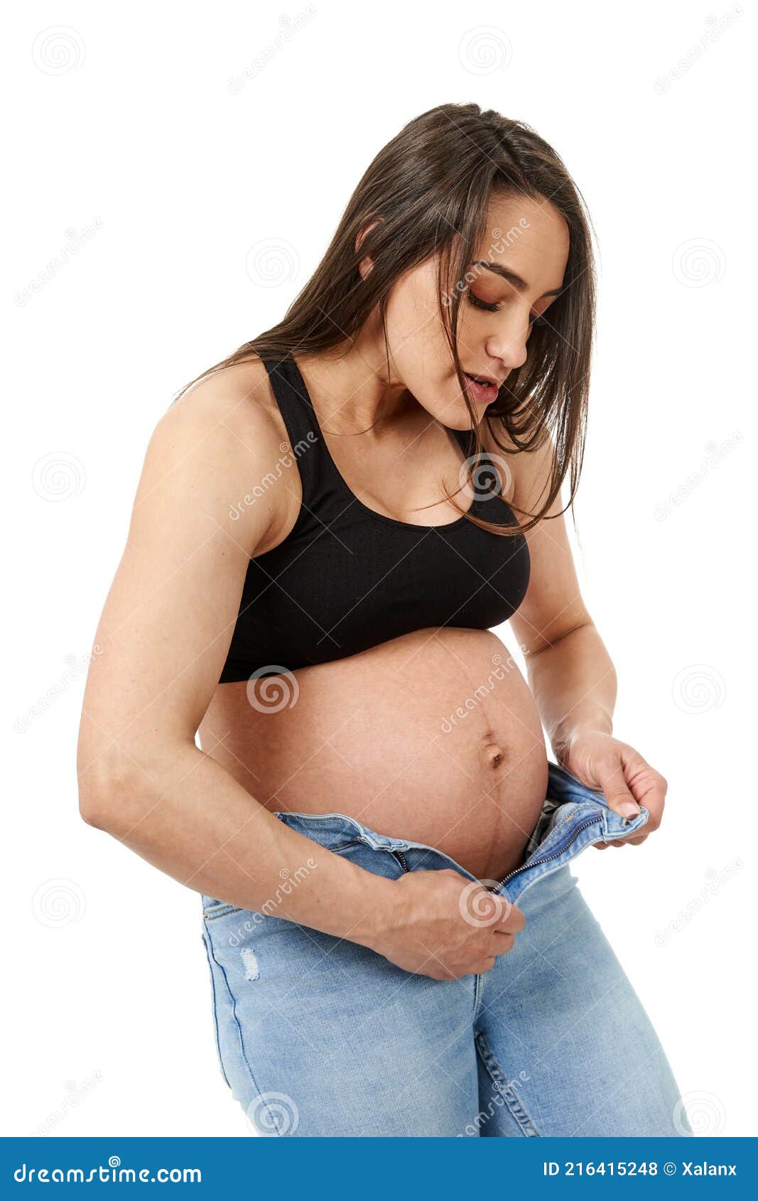 Pregnant Woman Trying To Close Zip on the Jeans Stock Photo - Image of  person, beauty: 216415248