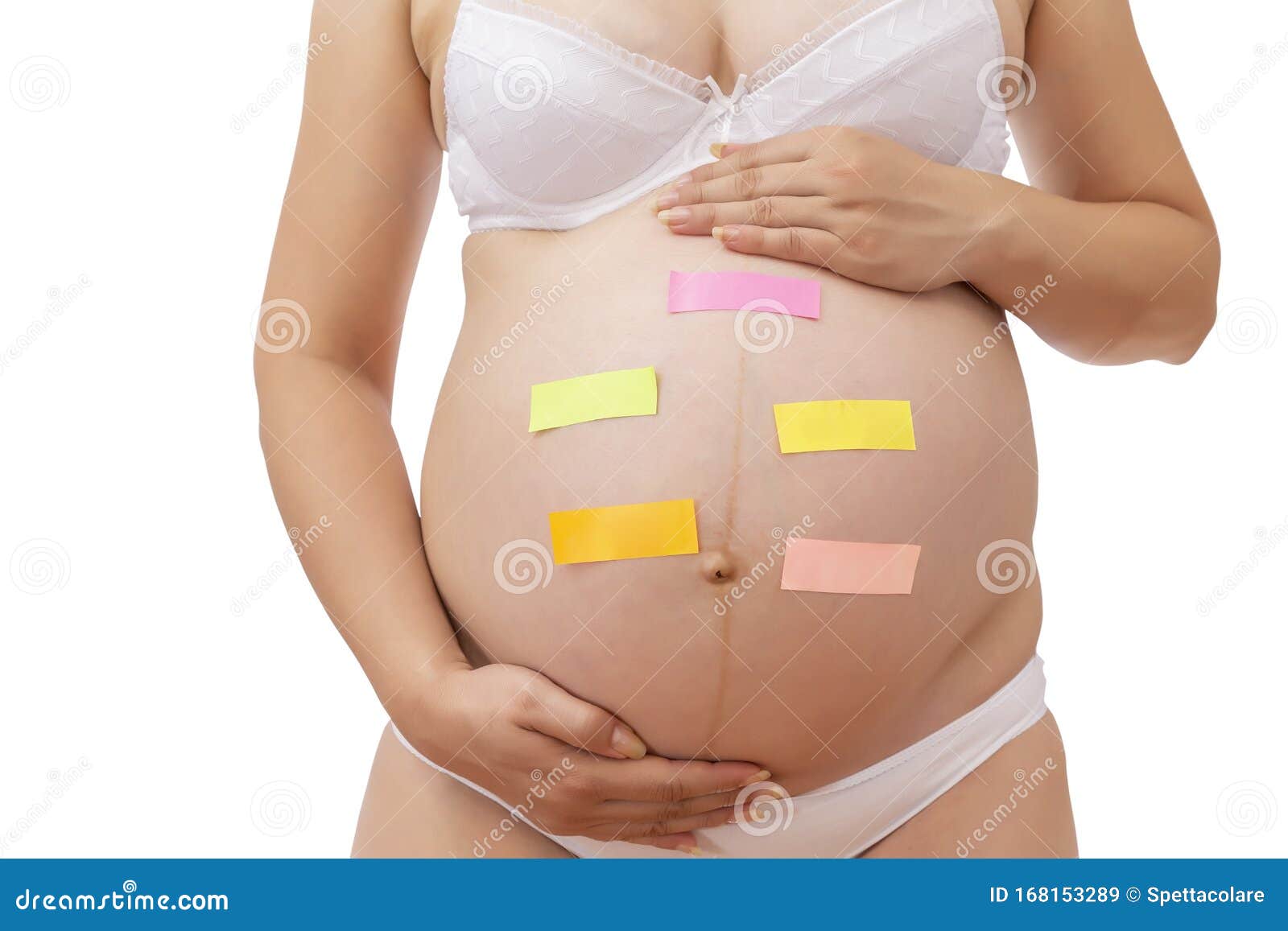 Pregnant Woman in Underwear with Stick Notes Stock Image - Image