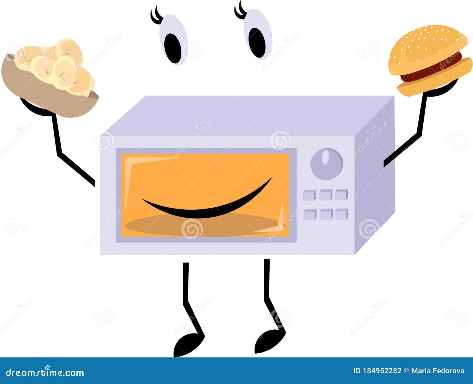 Cheerful Microwave with Arms and Legs. Dumplings and a Hamburger
